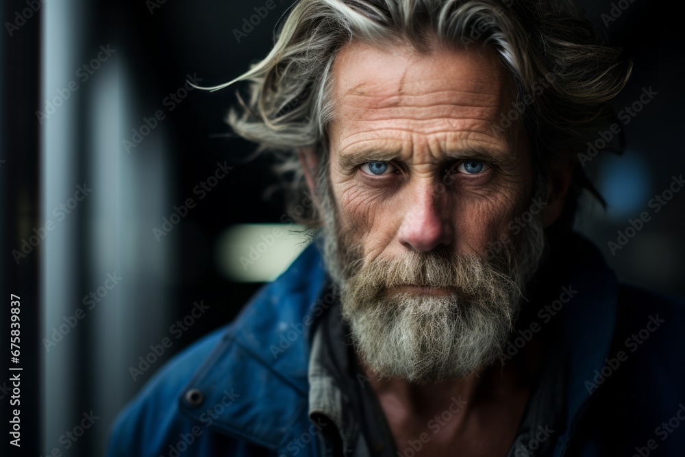 Portrait of an old man with a long beard and mustache.