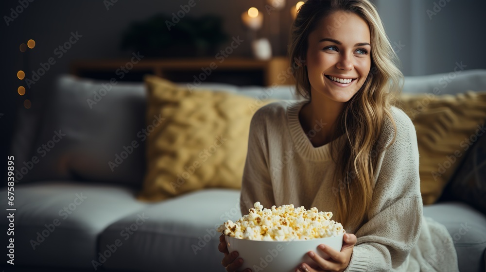 Woman sitting at home on a cozy sofa, holding a bowl of popcorn in her hands for an evening movie watching in the home theater. Home relaxation