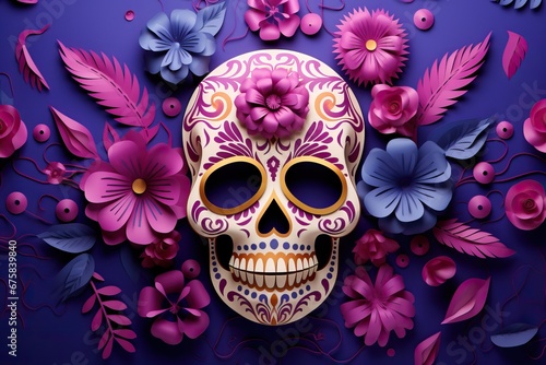 Mexican sugar skullwith floral ornament and flower on purple background. Dia de muertos celebration. Fiesta, Halloween holiday poster, flyer, greeting card, banner
