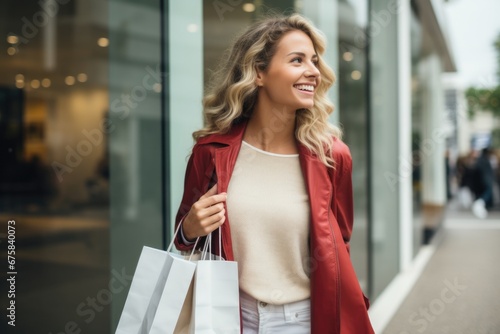 Beautiful woman with shopping bags outdoors. AI Generated