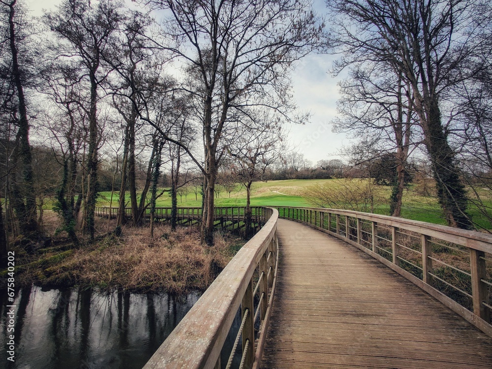 Wooden bridge extends over a tranquil pond, leading to a lush and verdant park Wooden bridge extends over a tranquil pond, leading to a lush and verdant park