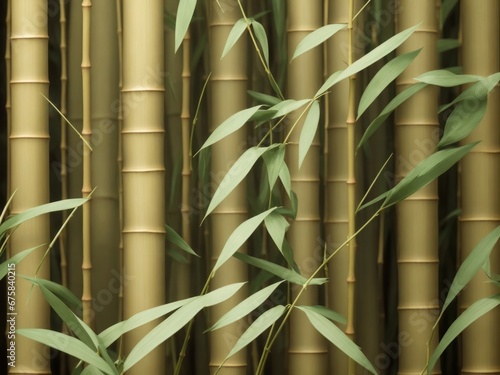 Illustration with motifs of thick bamboo stalks and leaves forming a dense forest.