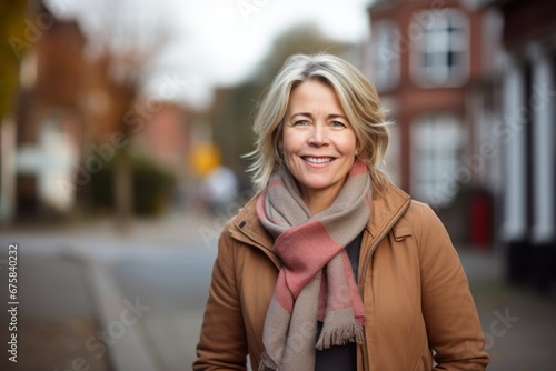 Portrait of happy senior woman in coat and scarf on the street