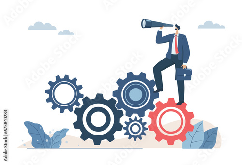 Leaders or executives who have vision, Leadership to drive the team and start production, Planning ideas for effective business strategies, Businessman looking through telescope on gear or cogwheel.