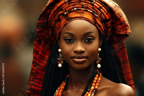 close up of a black beautiful young woman with cultural dress & accessories on nice background A