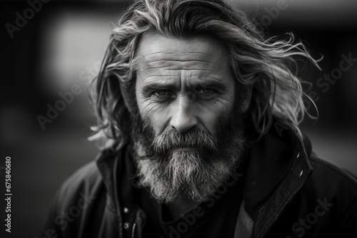 Portrait of a bearded man in the city. Black and white. © Nerea