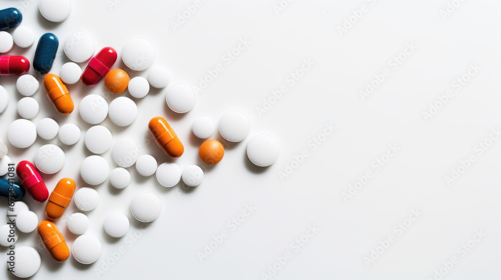 Assorted pills on white, Various Assorted colorful pills on a white background