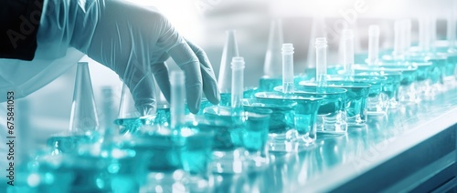 Glass vials for liquid samples. Laboratory equipment for dispensing fluid samples. photo