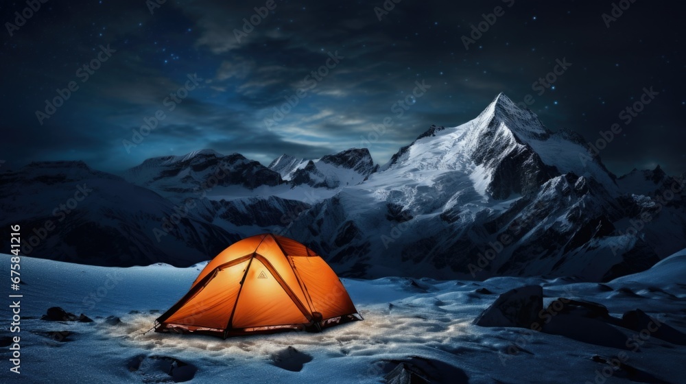 Awesome mountain landscape with vivid orange tent near large glacier tongue under clouds in night starry sky