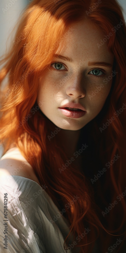 Close up portrait of an attractive happy young woman with long curly red hair Close up portrait of an attractive happy young woman with long curly red hair