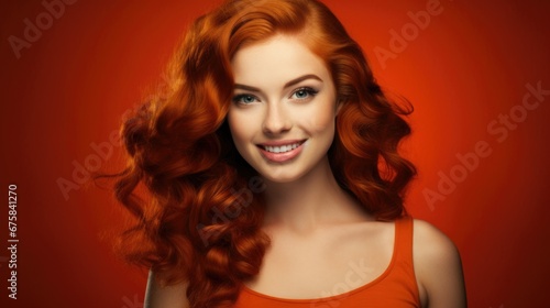 Close up portrait of an attractive smiling happy young woman with long curly red hair 