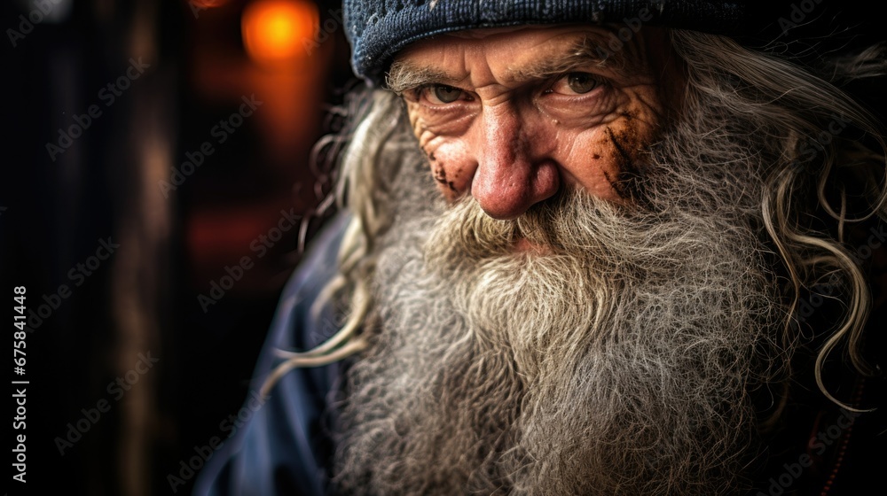 portrait of a wrinkled old man with a thick beard.
