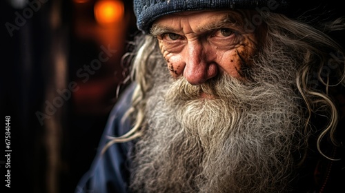 portrait of a wrinkled old man with a thick beard.