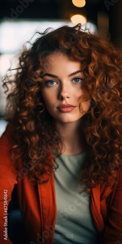 Close up portrait of an attractive happy young woman with long curly red hair © grigoryepremyan