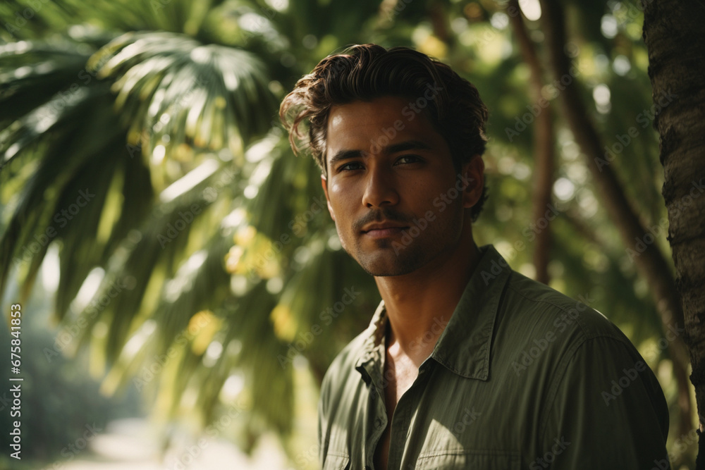 A film portrait of a man standing by the tropical tree in it shadow in summer day. Generative AI. A film portrait of a man standing by the tropical tree in it shadow in summer day. Generative AI.