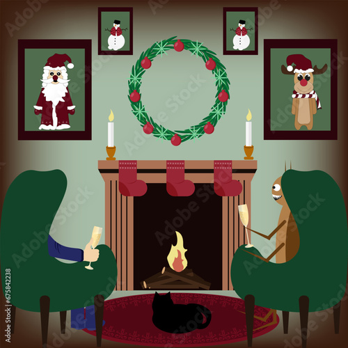 Christmas mood. Xmas Holidays in France. Christmas cartoon art with cute characters in trendy Groovy retro style. Vector illustration can used greeting card cover, banner