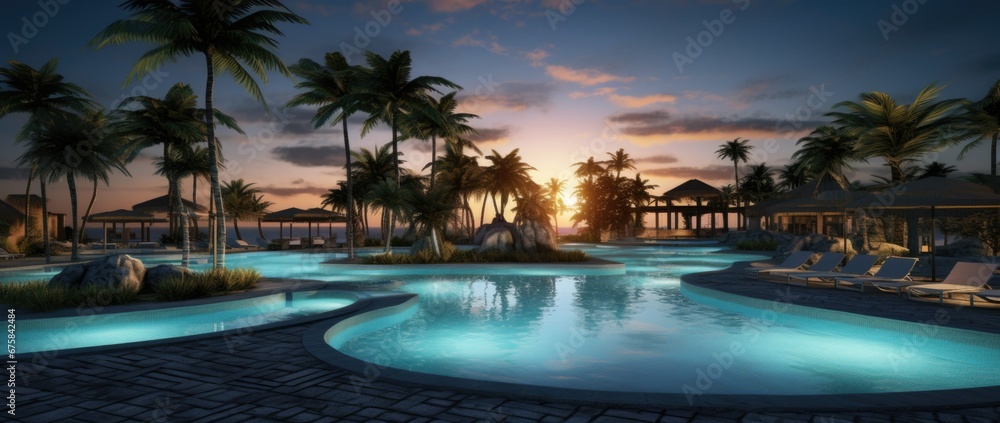 swimming pool with lounge chairs among palm trees