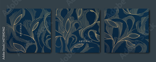 Vector set of abstract luxury golden square cards, post templates for wedding invitation, art deco leaves botanical wallpaper background. Pattern, texture for print, fabric, packaging design