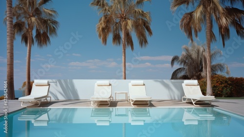 swimming pool with lounge chairs among palm trees