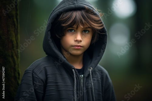 Portrait of a boy in a black hoodie in the forest.
