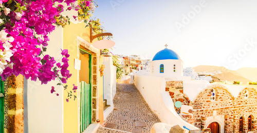 Santorini cityscape, typical street of Oia, traditional greek village of Santorini, Greece, panorama with flowers