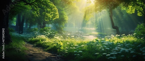 Sunlight in the green forest  spring time