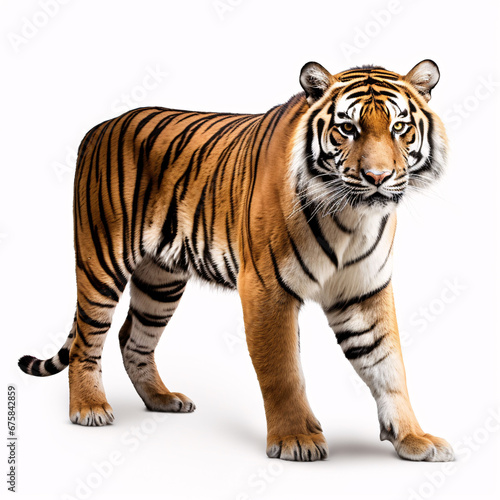 royal tiger  P. t. corbetti  isolated on white background clipping path included. The tiger is staring at its prey. Hunter concept.