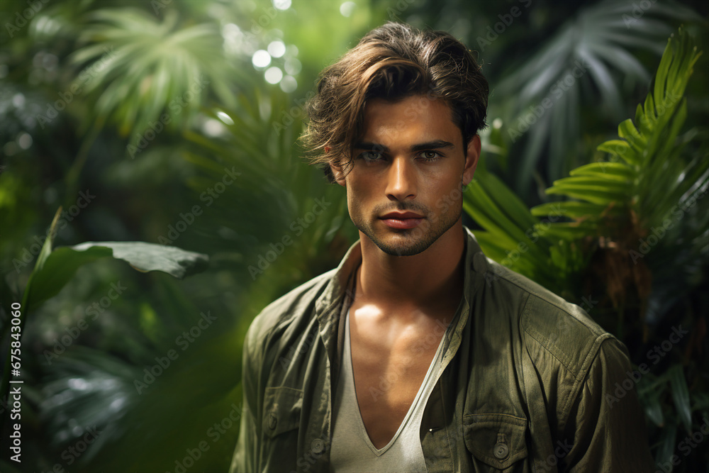 Generative ai picture photo of handsome guy walking in green exotic rainforest exploring nature Generative ai picture photo of handsome guy walking in green exotic rainforest exploring nature