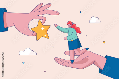 Employee success recognition concept. Winning confidence businesswoman standing on big hand getting star reward. encourage and motivate best performance, cheering or honor on success or achievement. © shendart