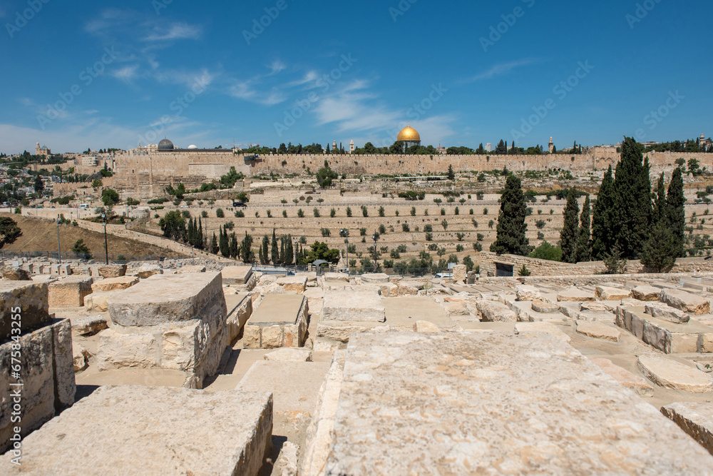 Dome of the Rock view from the Mount of Olives, Jewish Cemetery, Jerusalem, Israel