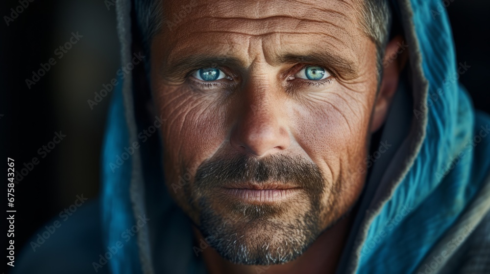 A portrait of an older man with wrinkles, beard and bright blue eyes with a blue hood - obrazy, fototapety, plakaty 