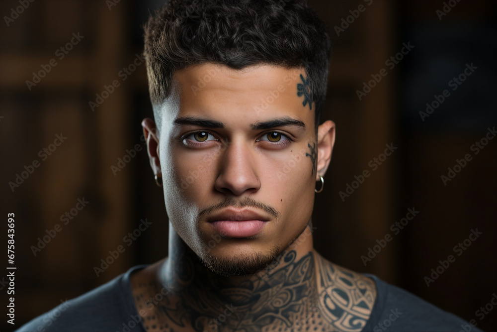 Confident man with muscular body tattooed on black background ai gnerated image