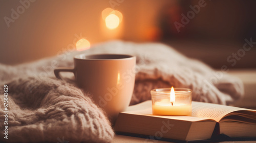 Coffee, book and candle on the table, AI