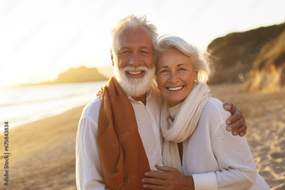 Obraz premium Happy and Beautiful Elderly Couple Hugging on the Beach
