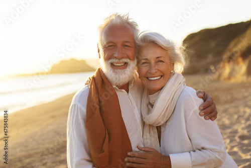 Happy and Beautiful Elderly Couple Hugging on the Beach