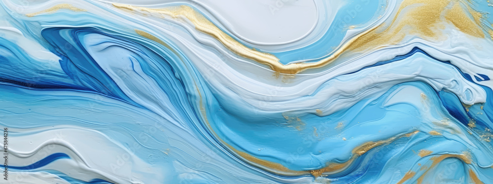 Mixing acrylic paints blue, white, gold beautiful waves V3