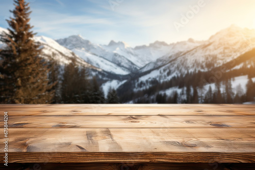 Wooden empty table top with blury snowy mountains background. Copy space. Generative AI.