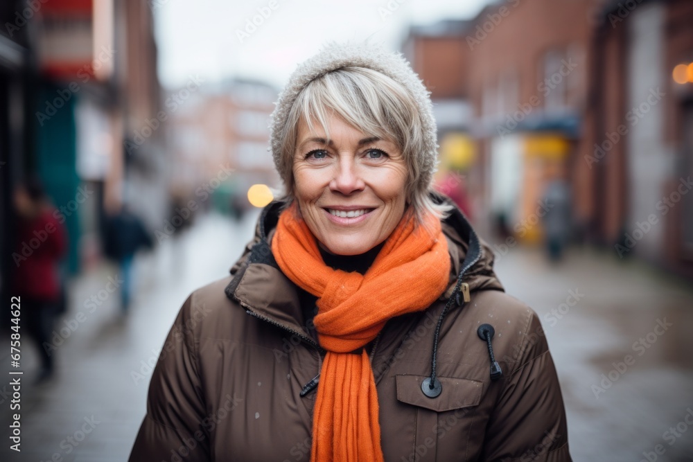 Portrait of a smiling middle-aged woman on the street in winter Portrait of a smiling middle-aged woman on the street in winter