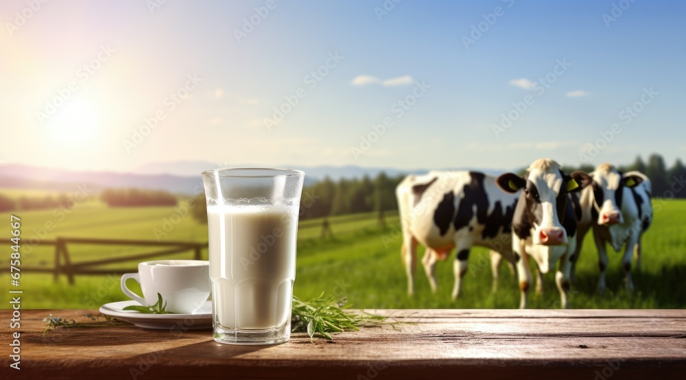 A cow near a wooden table with a glass of milk against the background of a field. Generative AI A cow near a wooden table with a glass of milk against the background of a field. Generative AI