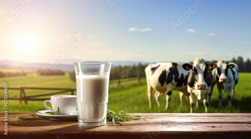 A cow near a wooden table with a glass of milk against the background of a field. Generative AI
