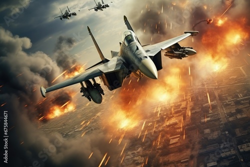 Fighter jets flying in a military combat zone. War zone in the sky. Generative AI