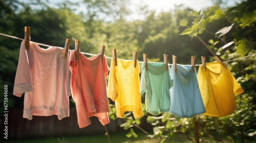 After being washed children colorful clothes dried outdoor. Generative AI photo