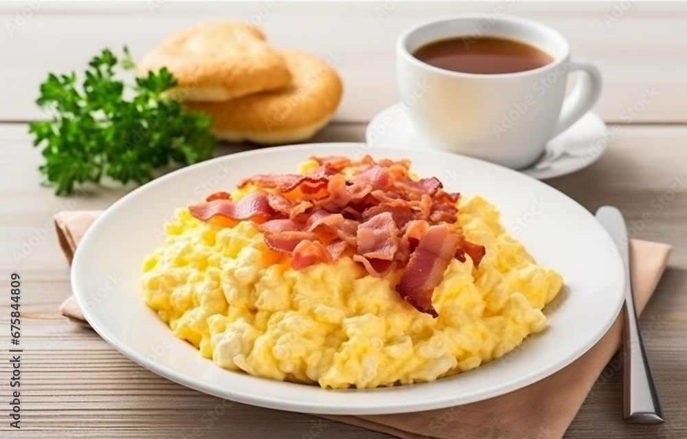 omelette with bacon on white plate on white kitchen background omelette with bacon on white plate on white kitchen background