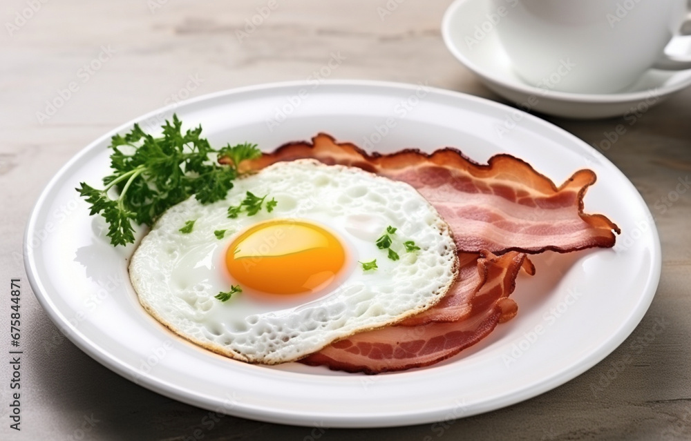 fried eggs with bacon on white plate, decorated with parsley herb on white kitchen table fried eggs with bacon on white plate, decorated with parsley herb on white kitchen table