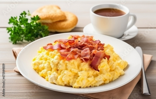 omelette with bacon on white plate on white kitchen background
