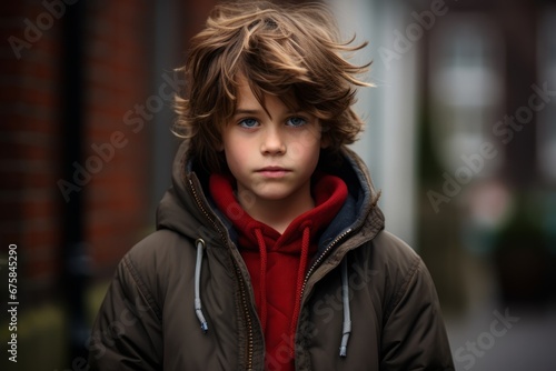 Portrait of a boy in warm clothes on a city street.