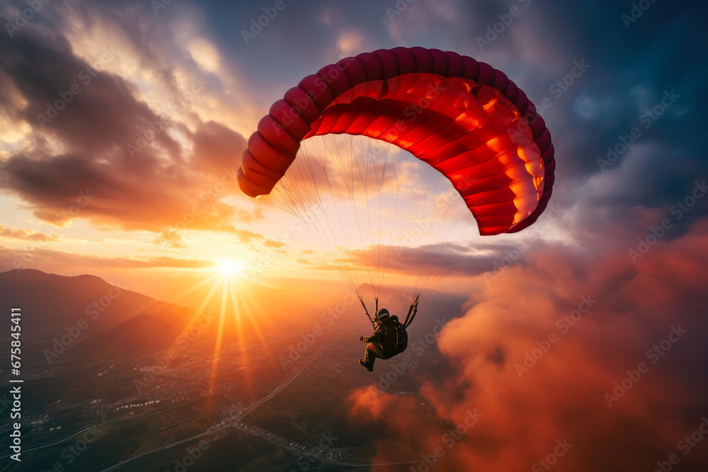Daring Skydiver Embracing Sunset Bliss - obrazy, fototapety, plakaty 