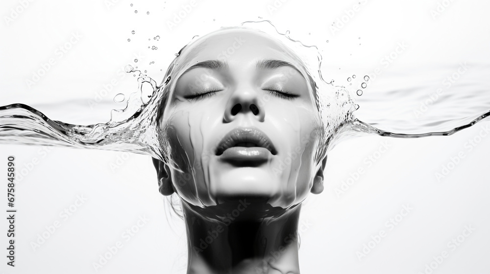 face in water, mono tone, white background. Generative Ai. - obrazy, fototapety, plakaty 