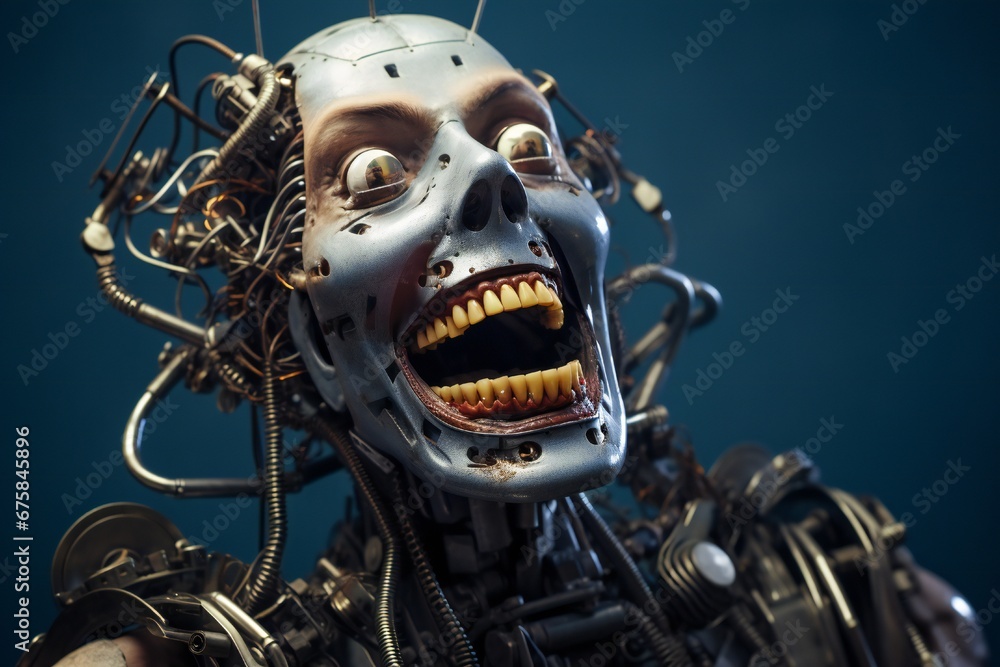 Fototapeta premium Funny and scary laughing cyborg, with empty copy space Generative AI