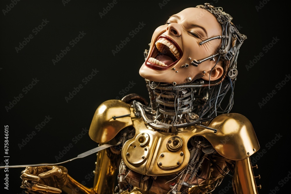 Funny and scary laughing cyborg, with empty copy space Generative AI 